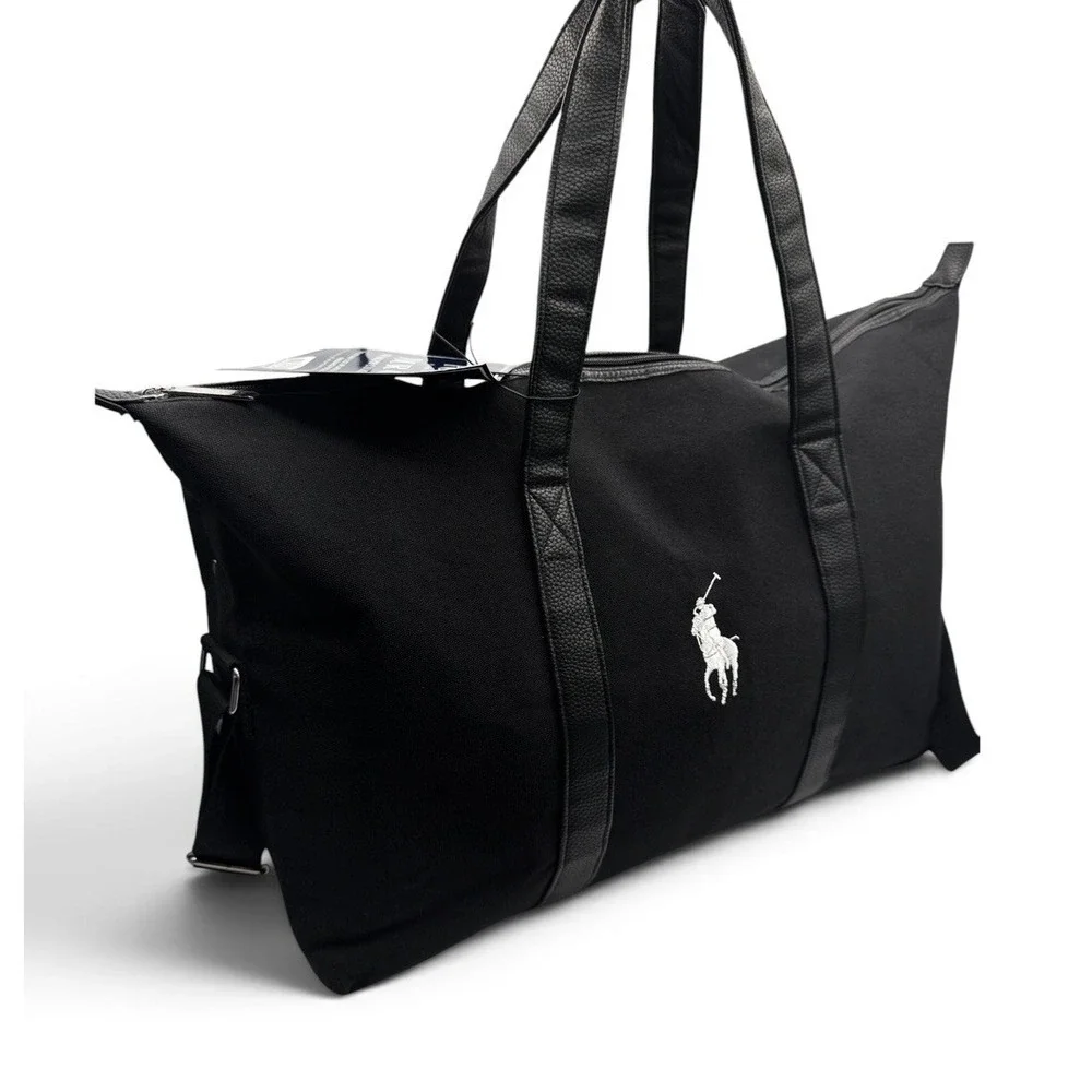 Ralph Lauren Black Canvas Duffle Travel Gym Large Shoulder & Hand Strap Bag